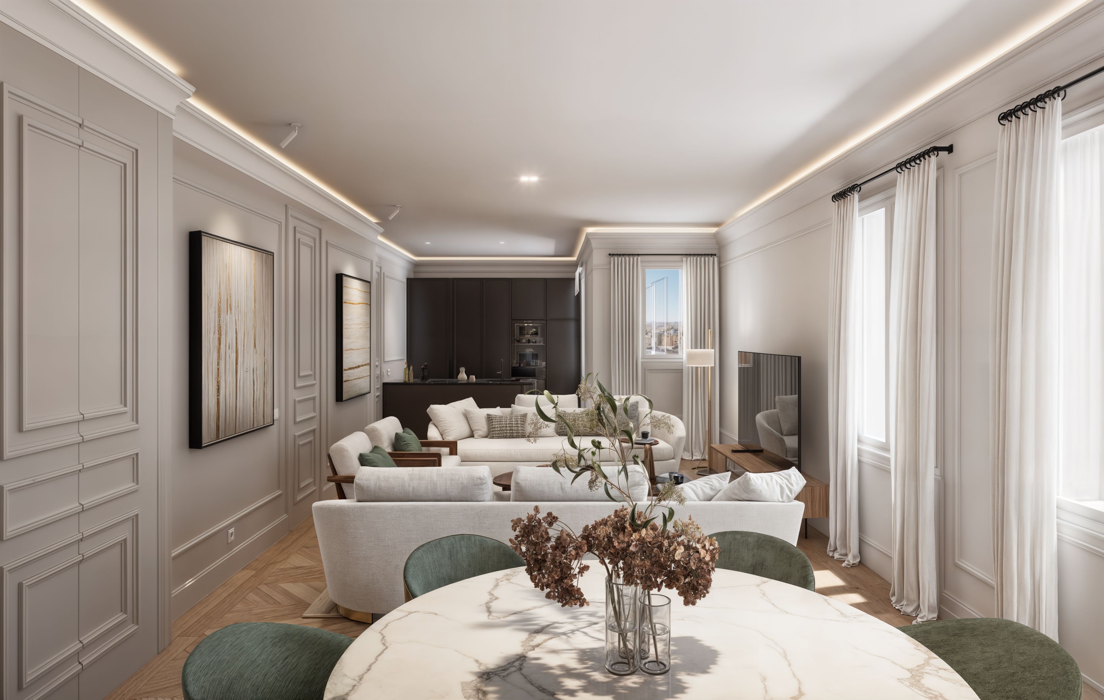 Salón de una vivienda reformada, con molduras clásicas y mobiliario contemporáneo